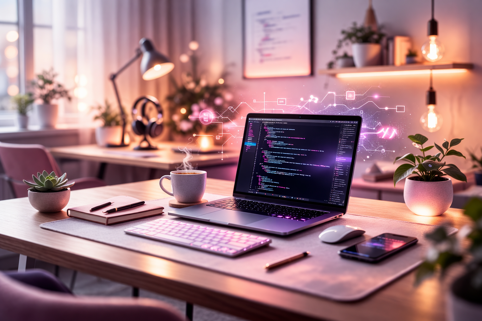 Koodausaiheinen työpiste ja koodia näytöllä